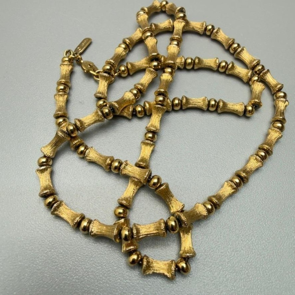 Vintage Monet Gold Tone Bamboo Bead Necklace 26" Long‎ Signed Textured MCM Chic